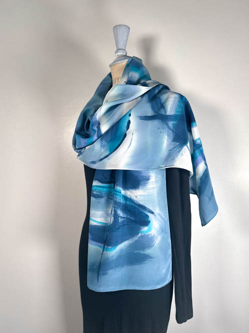 ‘Clouds’ Carole Waller handpainted silk scarf in blue greys